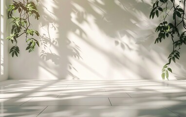 Utilizing a Wideangle Lens and Showing Blurred Focus on Sunlight Shining through Leaves and Creating Shadows on the Wall, along with Minimalist Decoration with Clean Lines and a Calm Atmosphere.