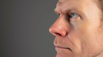 Fototapeta premium Portrait of a man with Botox treatment on his face, demonstrating the smoothing effect of wrinkles on the forehead and around the eyes. --no text, titles, hands --ar 16:9 --quality 0.5 --stylize 0 Job