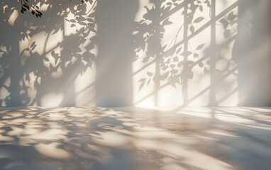 Obraz premium Utilizing a Wideangle Lens and Showing Blurred Focus on Sunlight Shining through Leaves and Creating Shadows on the Wall, along with Minimalist Decoration with Clean Lines and a Calm Atmosphere.