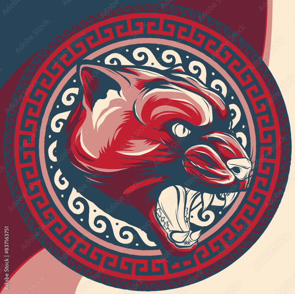 Poster vector illustration of Cougar Panther Head with decoration