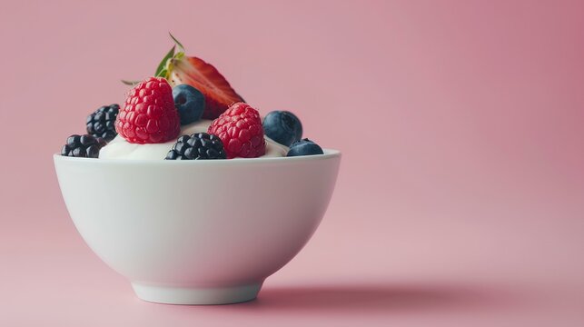 bowl of creamy yogurt topped with fresh raspberries and blueberries on a pink background.