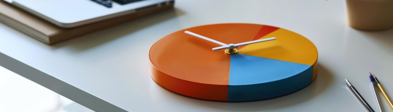 Simplistic yet striking pie chart clock visual, ideal for illustrating concepts of time allocation and efficiency in corporate settings