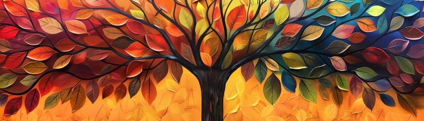 A vibrant depiction of a tree with multicolored leaves, illustrating the vibrancy of nature and the impact of colorful design in art