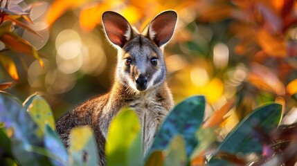 inquisitive wallaby exploring lush colorful flora wildlife nature photography