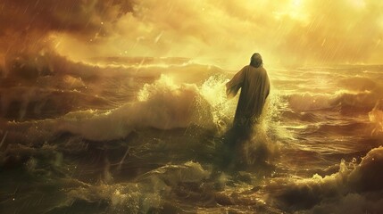 Obraz premium jesus walking on water during a storm biblical concept illustration