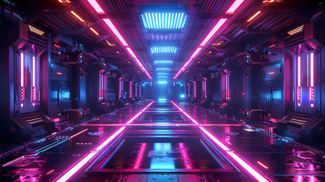 Futuristic game platform with laser lights and neon effects, set in a sci-fi digital space