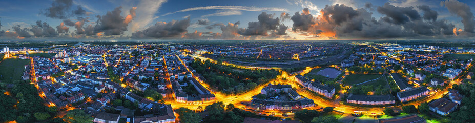 360° aerial worms city downtown at night germany aerial panorama 360°