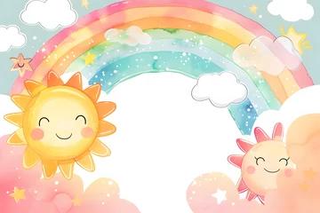 Wanddecoratie Regenboog Cute cartoon sun and rainbow background in watercolor style.  © Pacharee