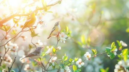 Obraz premium Flock of birds are singing happily on the branches of a tree with spring flower blossoms and sun light , spring season background -