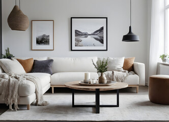 Stylish and inviting living room design with a cozy sofa, elegant coffee table, and modern wall art in a well-lit setting