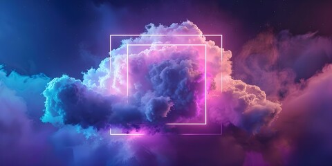abstract cloud illuminated with neon indigo light square on dark. Concept Abstract Art, Neon Lighting, Cloudscape, Square Format, Dark Background