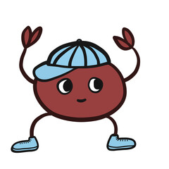 Cute cartoon character of a crab in blue cap and sneakers. Sporty funny crab.