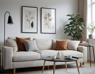 Cozy and minimalistic home ambiance created with a neutral-toned sofa, stylish wall art, and greenery in a contemporary living room design