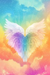 Obraz premium Peaceful Rainbow Heart with Angel Wings in Colorful Sky | Love, Serenity, Flat Design Illustration, Heavenly, LGBTQ+, Hope, Wings, Soft, Rainbow Colors