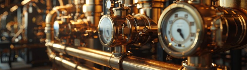 Fototapeta premium Detailed steam pipes in an industrial setting, vintage feel with a focus on brass textures and mechanical gauges, ambient lighting