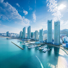Obraz premium Aerial view of a vibrant cityscape along a bustling marina on a clear sunny day