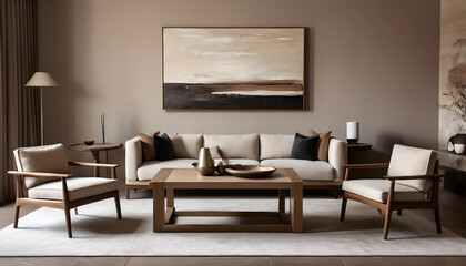 Modern minimalist living room design featuring elegant furniture, a large abstract painting, and warm neutral colors with a cozy ambiance