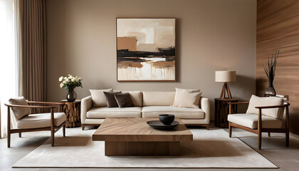 Contemporary living room with a chic beige sofa, wooden furniture, and serene abstract art in neutral tones