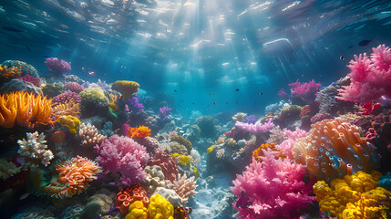 Obraz premium A vibrant nature coral atoll landscape with a variety of marine life, the corals creating a colorful underwater garden