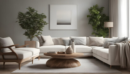 Stylish and cozy living room featuring a large sofa, wooden coffee table, plants, and subtle art on a neutral wall