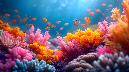 Obraz premium A vibrant nature coral atoll landscape with divers exploring the underwater world, the scene