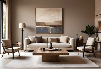 Modern living room featuring a beige sofa, wooden furniture, and abstract art, with warm tones creating a stylish and welcoming space
