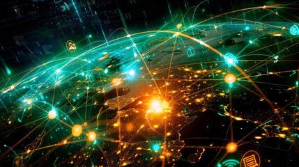 Points of light signify the crossroads of culture and technology, a network beyond physical frontiers.