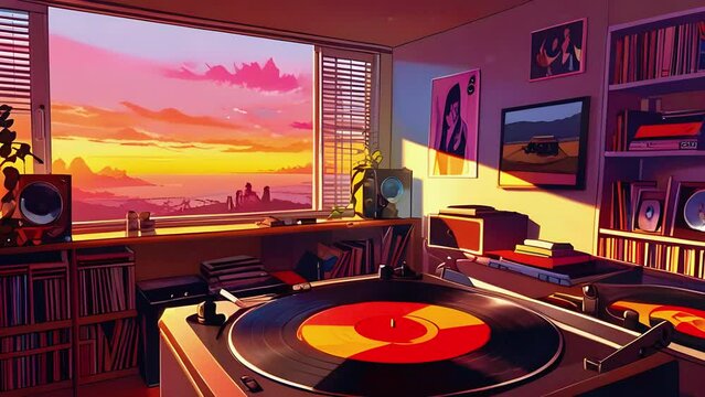 A room vinyl records and a turntable. sunset, stream starting soon screen, overlay loop, animated virtual backgrounds, vtuber asset twitch zoom OBS, manga anime chill hip hop 4k music Animation video