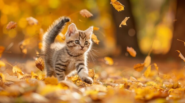 playful kitten frolicking in vibrant yellow autumn leaves cute pet photo
