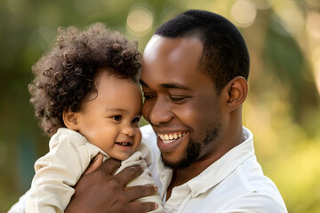 Fototapeta premium Happy African father and child are hugging with smiling. Happy father's day.