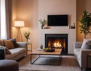 Stylish and cozy living room with a radiant fireplace, inviting furnishings, and chic home accents for a tranquil ambiance