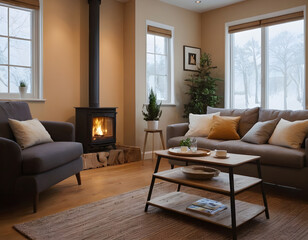 Cozy living room with a wood-burning stove, inviting seating, and a snowy landscape view