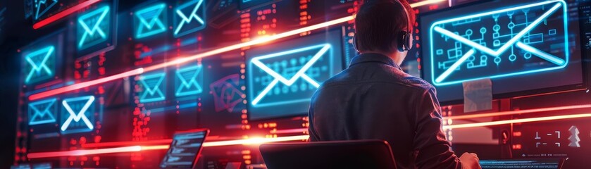Programmer working on complex algorithms, backlit by glowing red and blue lights, digital envelopes and icons enhancing the tech scene