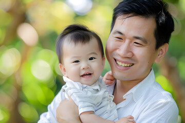 Happy asian father and child are hugging. Happy father's day.