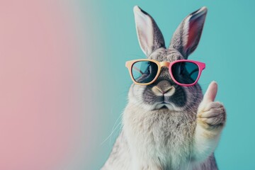 Easter bunny rabbit in sunglasses showing thumbs up on pastel background with copy space