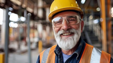 senior male engineer with beard and mustache smiling at construction factory site portrait