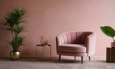 Cozy modern living room setup featuring a pink velvet armchair, green plants, and warm lighting against a pastel wall