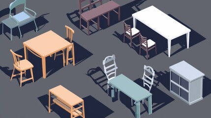 Fototapeta premium Depiction of halogram furniture elements such as tables, chairs and cabinets --no text, titles, shoes --ar 16:9 --quality 0.5 --stylize 0 Job ID: d4202366-b09c-4ea1-9899-fe32ba97ca73