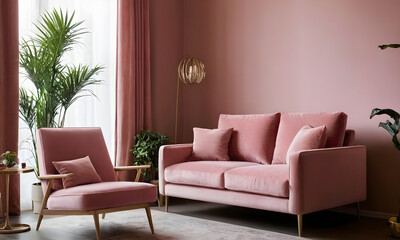 Modern living room with chic pink sofa set, indoor greenery, and cozy lighting creating a stylish and inviting atmosphere