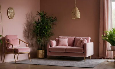 Highlighting a pink sofa and armchair in interior design, paired with a gold rug and potted plants