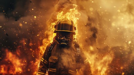  A picture of a firefighter wearing a mask and standing in the midst of a fire
