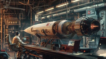 Naklejka premium A picture of an engineeranerosmic designer working on a new generation of missiles and spacecraft.