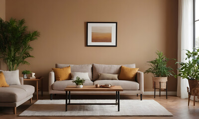 Modern interior design with a cozy atmosphere featuring warm colors, comfortable furniture, and lush greenery
