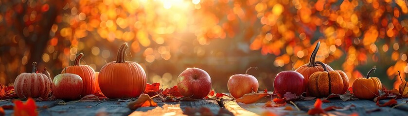 An artistic arrangement of pumpkins and apples on a wooden picnic table, captured during the golden hour for a warm, inviting feel, broad negative space for text.