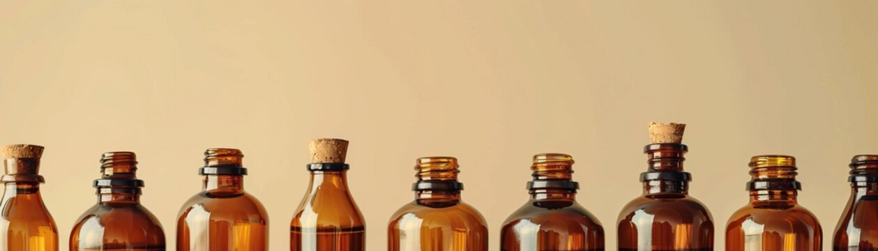 An artistic arrangement of multiple amber oil bottles in varying sizes, set against a uniform, light-colored background, broad negative space for text.