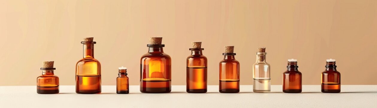 An artistic arrangement of multiple amber oil bottles in varying sizes, set against a uniform, light-colored background, broad negative space for text.