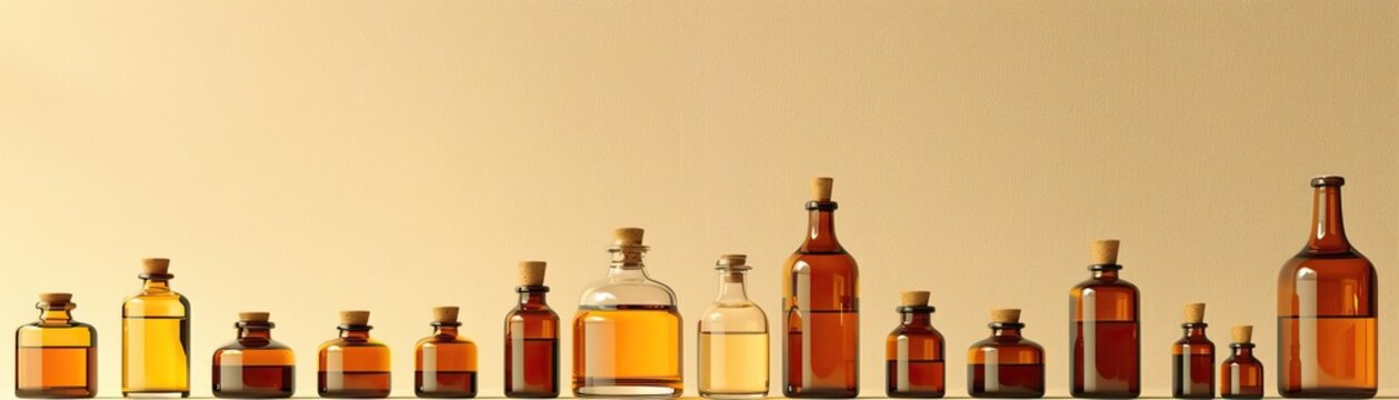 An artistic arrangement of multiple amber oil bottles in varying sizes, set against a uniform, light-colored background, broad negative space for text.