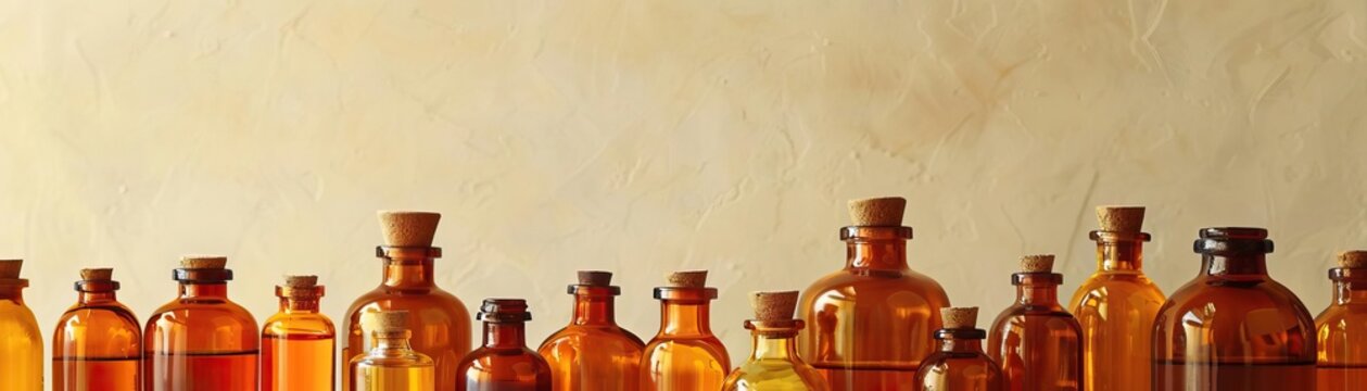 An artistic arrangement of multiple amber oil bottles in varying sizes, set against a uniform, light-colored background, broad negative space for text.