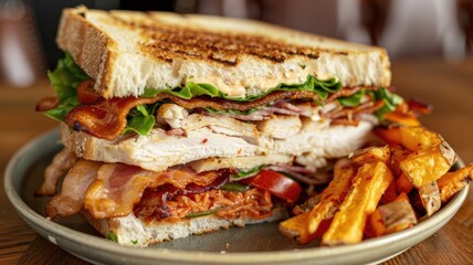 Korean-inspired club sandwich, with layers of grilled chicken, bacon, lettuce, tomato, and kimchi, served with a side of sweet potato fries