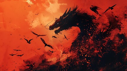A fierce dragon surrounded by darting swallows on a solid bright tangerine background